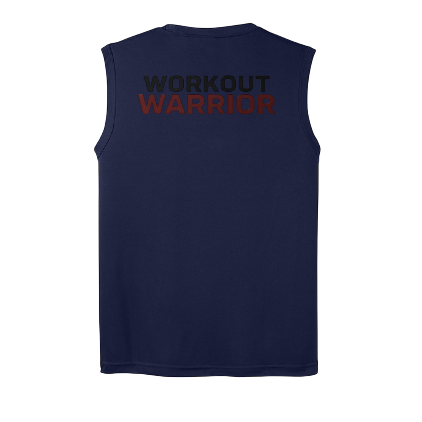 Navy sleeveless shirt with 'WORKOUT WARRIOR' text on a white background