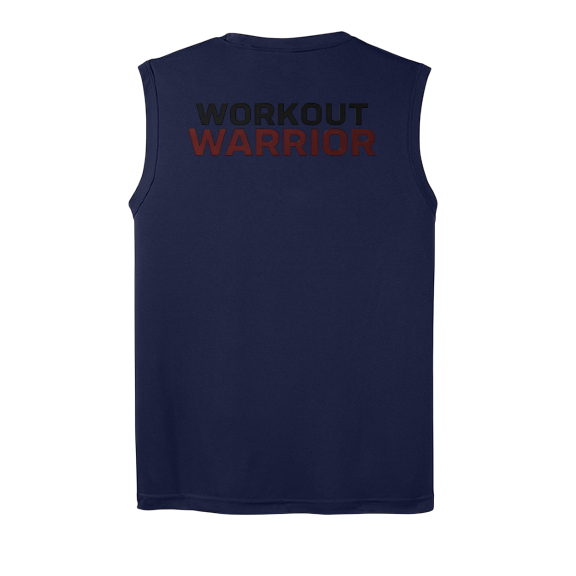 Navy sleeveless shirt with 'WORKOUT WARRIOR' text on a white background
