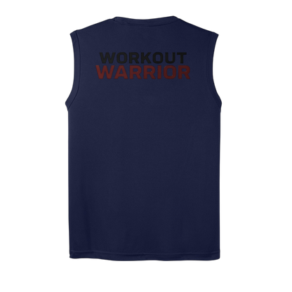 Navy sleeveless shirt with 'WORKOUT WARRIOR' text on a white background