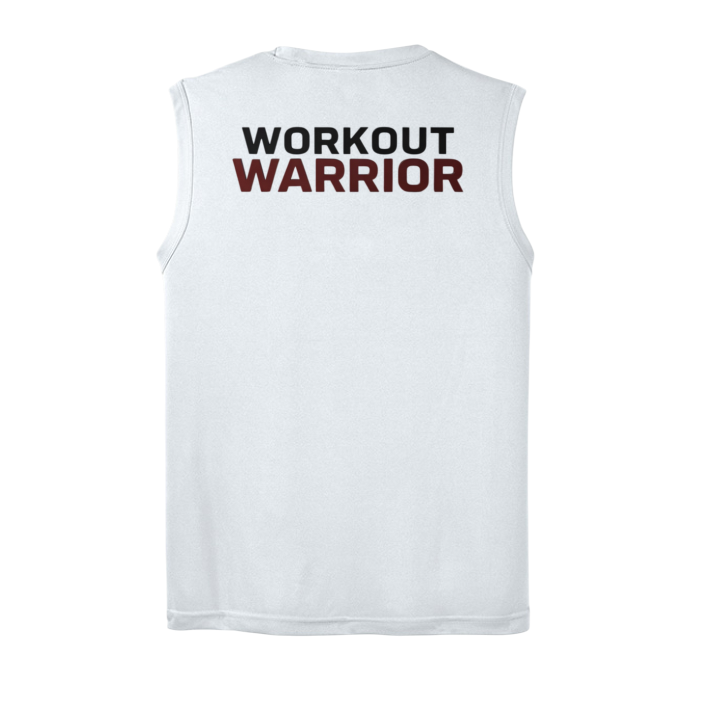 White sleeveless shirt with 'WORKOUT WARRIOR' text on the back against a white background