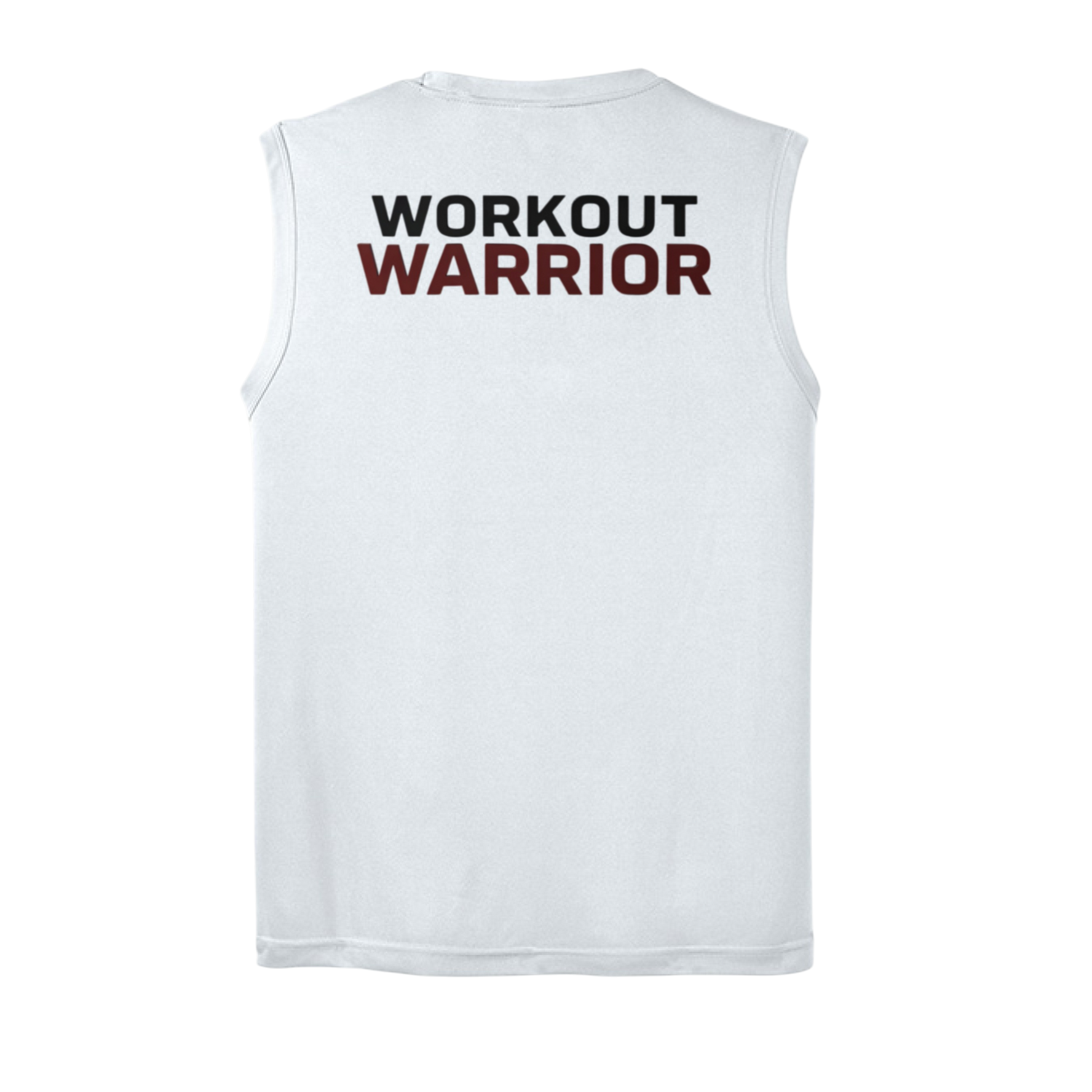 White sleeveless shirt with 'WORKOUT WARRIOR' text on the back against a white background