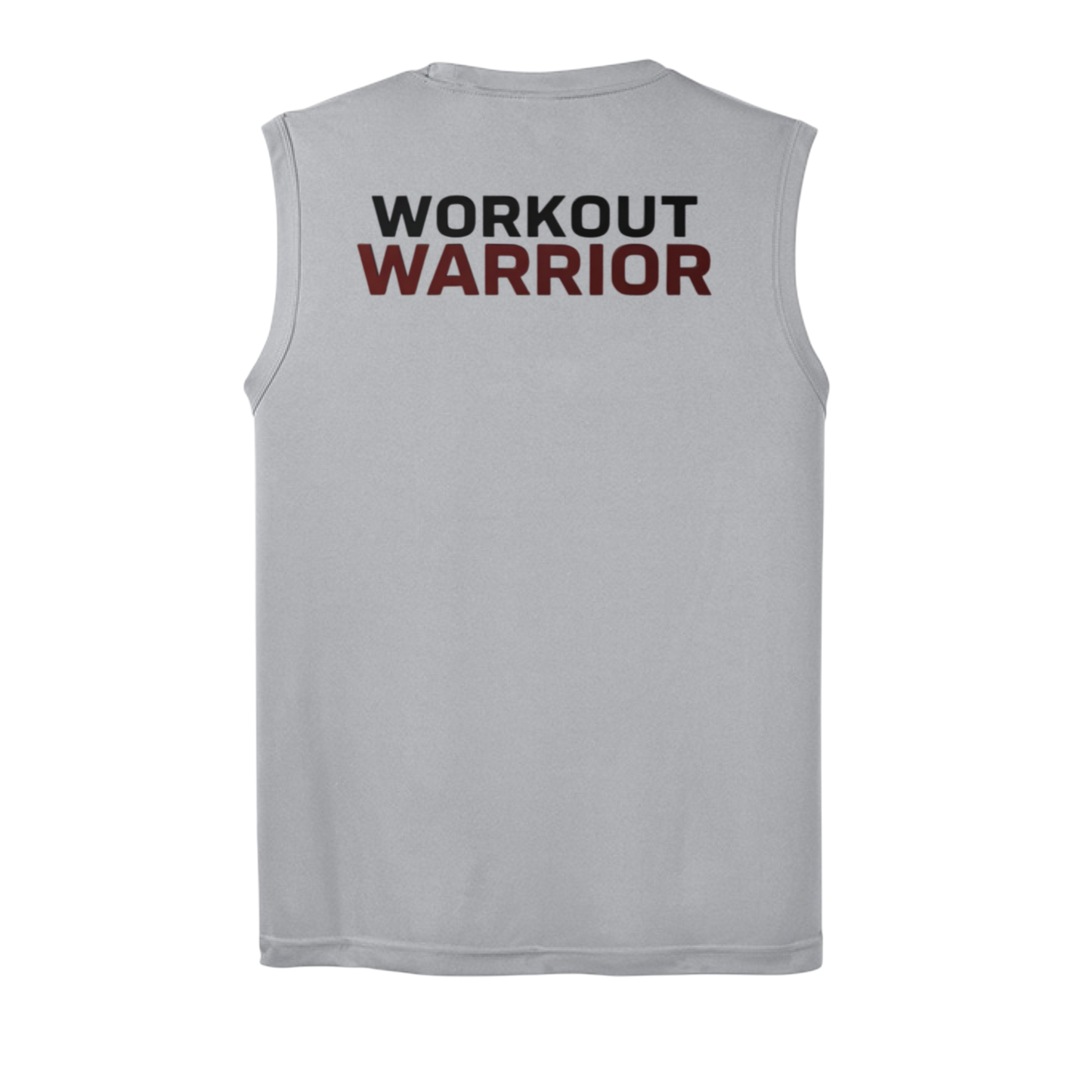 Gray sleeveless shirt with 'WORKOUT WARRIOR' text on a white background