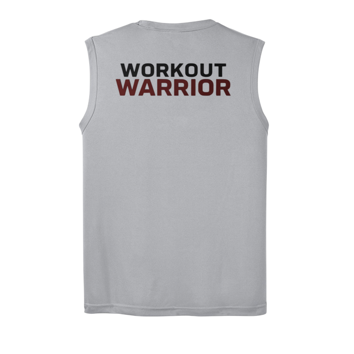 Gray sleeveless shirt with 'WORKOUT WARRIOR' text on a white background