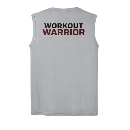 Gray sleeveless shirt with 'WORKOUT WARRIOR' text on a white background