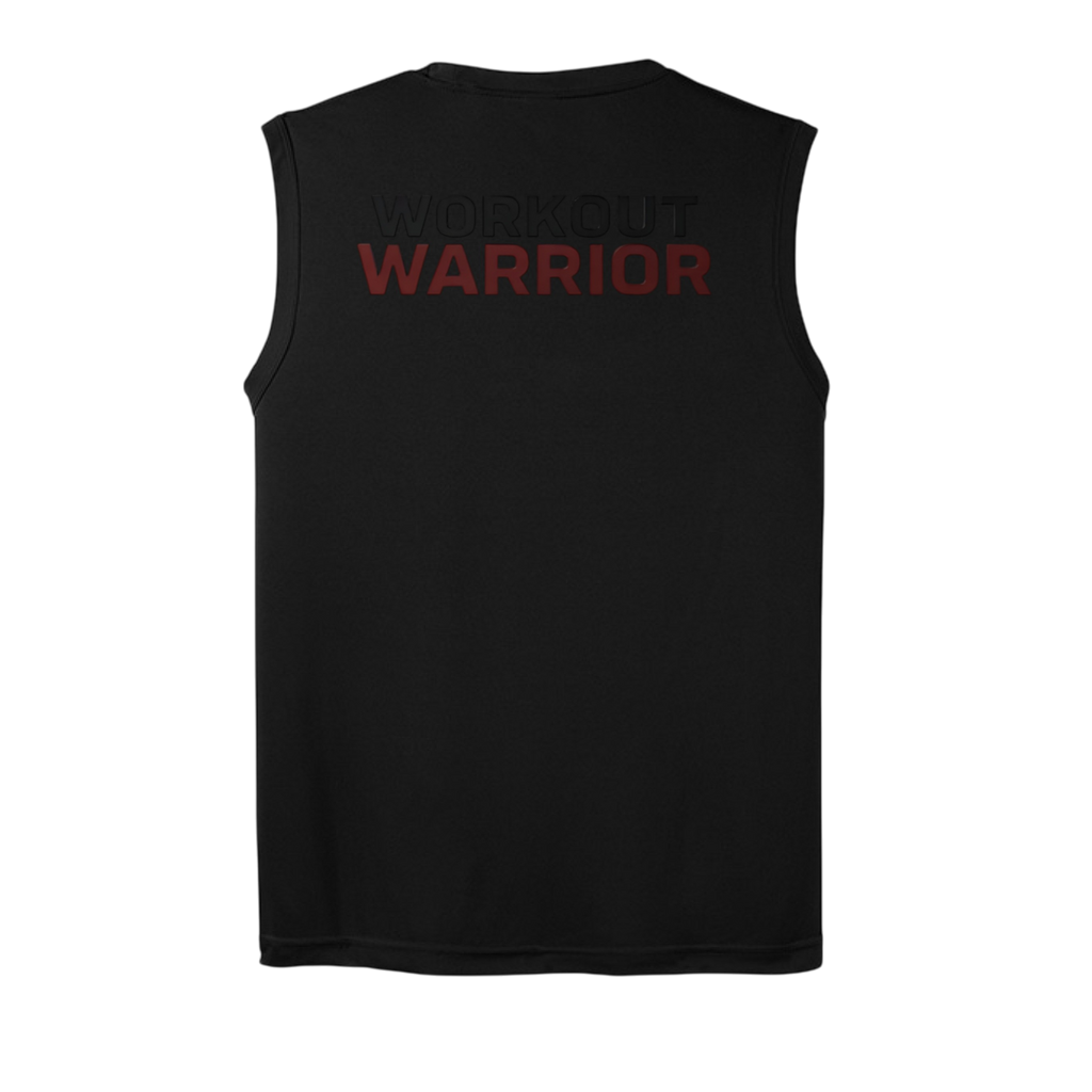 Black sleeveless shirt with 'WORKOUT WARRIOR' text on the back against a white background