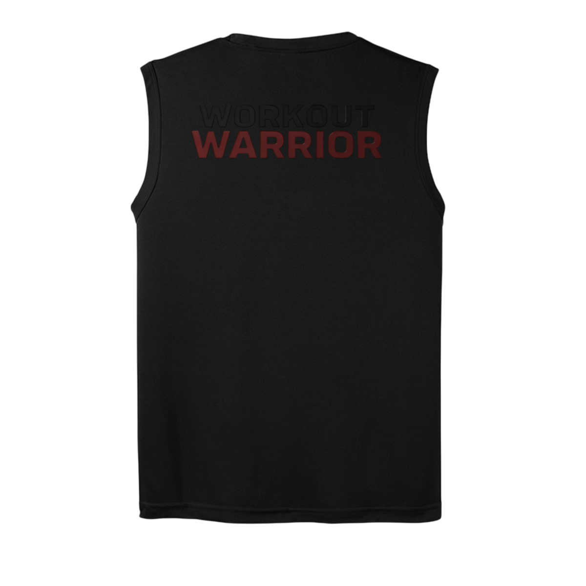 Black sleeveless shirt with 'WORKOUT WARRIOR' text on the back against a white background