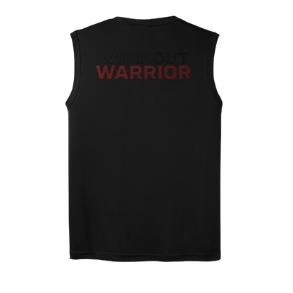 Black sleeveless shirt with 'WORKOUT WARRIOR' text on the back against a white background
