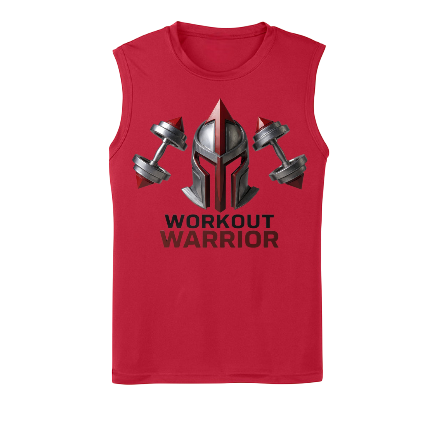 Red sleeveless shirt with 'Workout Warrior' design featuring a helmet and dumbbells on a white background.