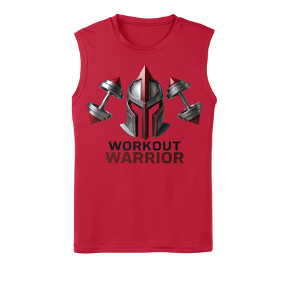 Red sleeveless shirt with 'Workout Warrior' design featuring a helmet and dumbbells on a white background.