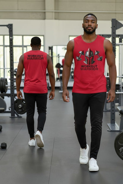 Two men wearing red 'Workout Warrior' tank tops in a gym setting.