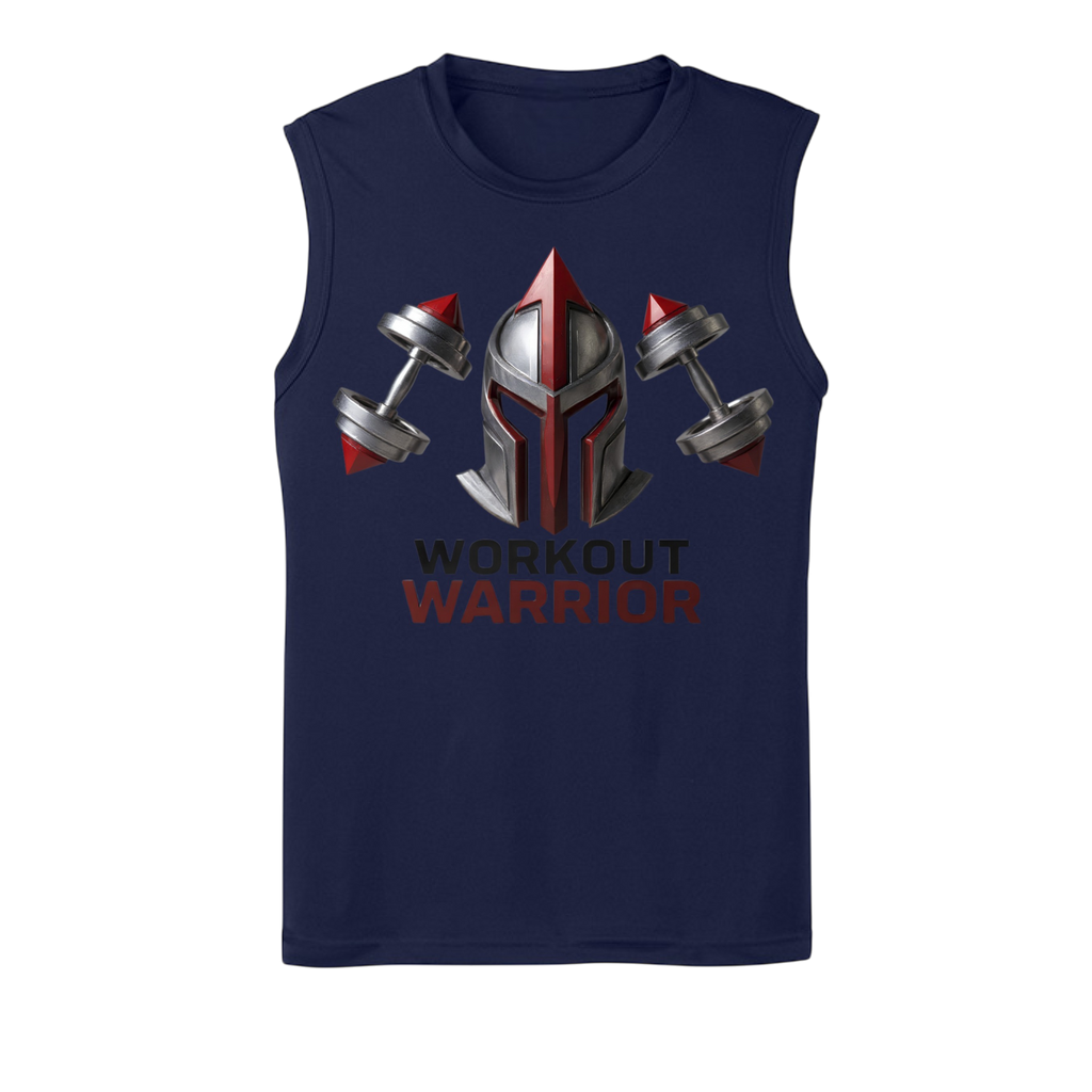 Navy blue sleeveless shirt with 'Workout Warrior' design featuring a helmet and dumbbells on a white background.