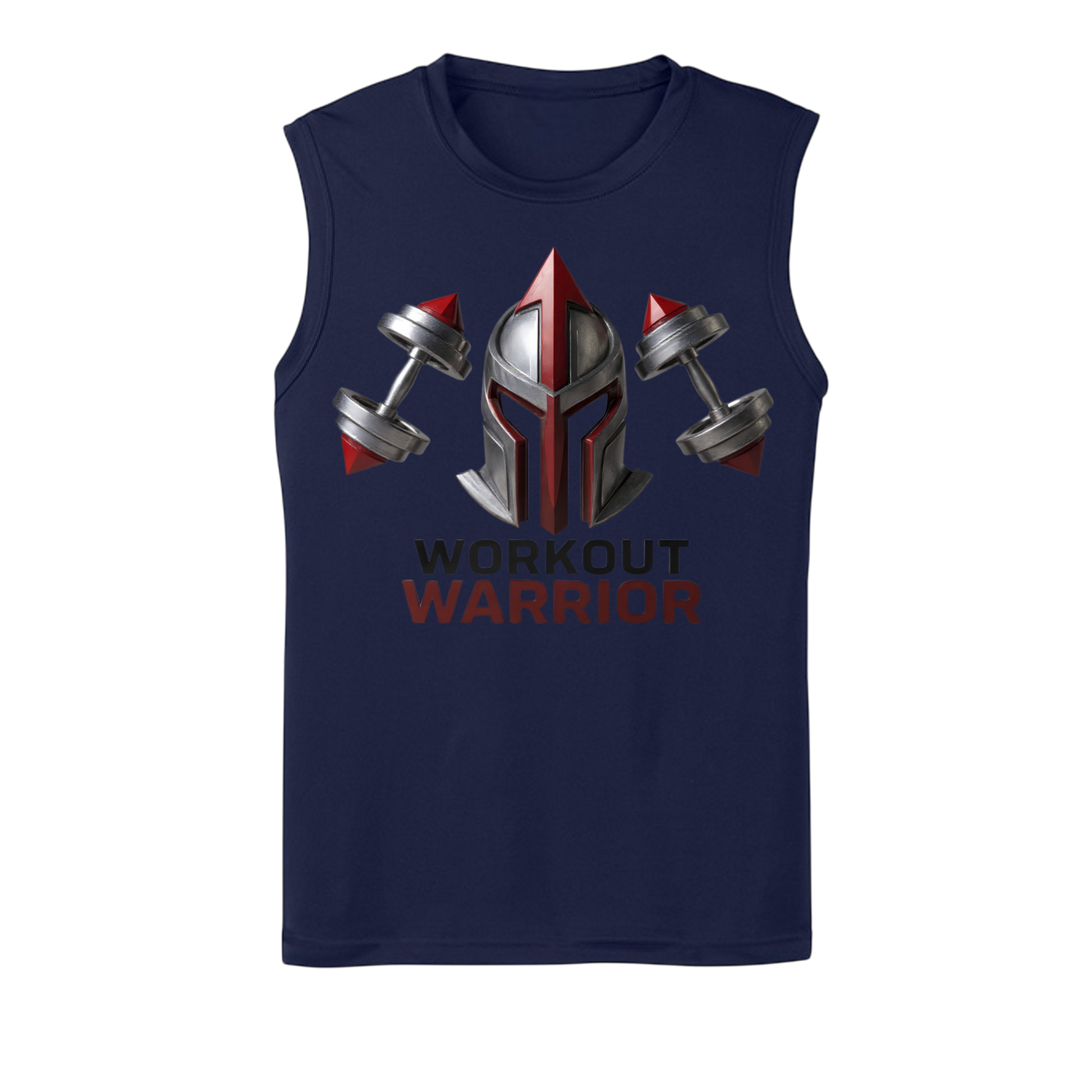 Navy blue sleeveless shirt with 'Workout Warrior' design featuring a helmet and dumbbells on a white background.