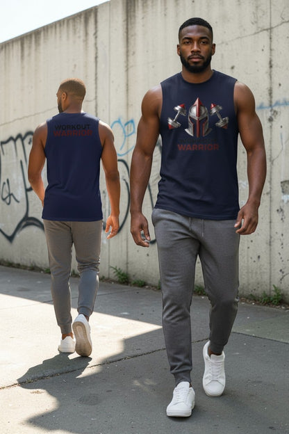 Two men wearing navy tank tops with logos walking on a sidewalk.