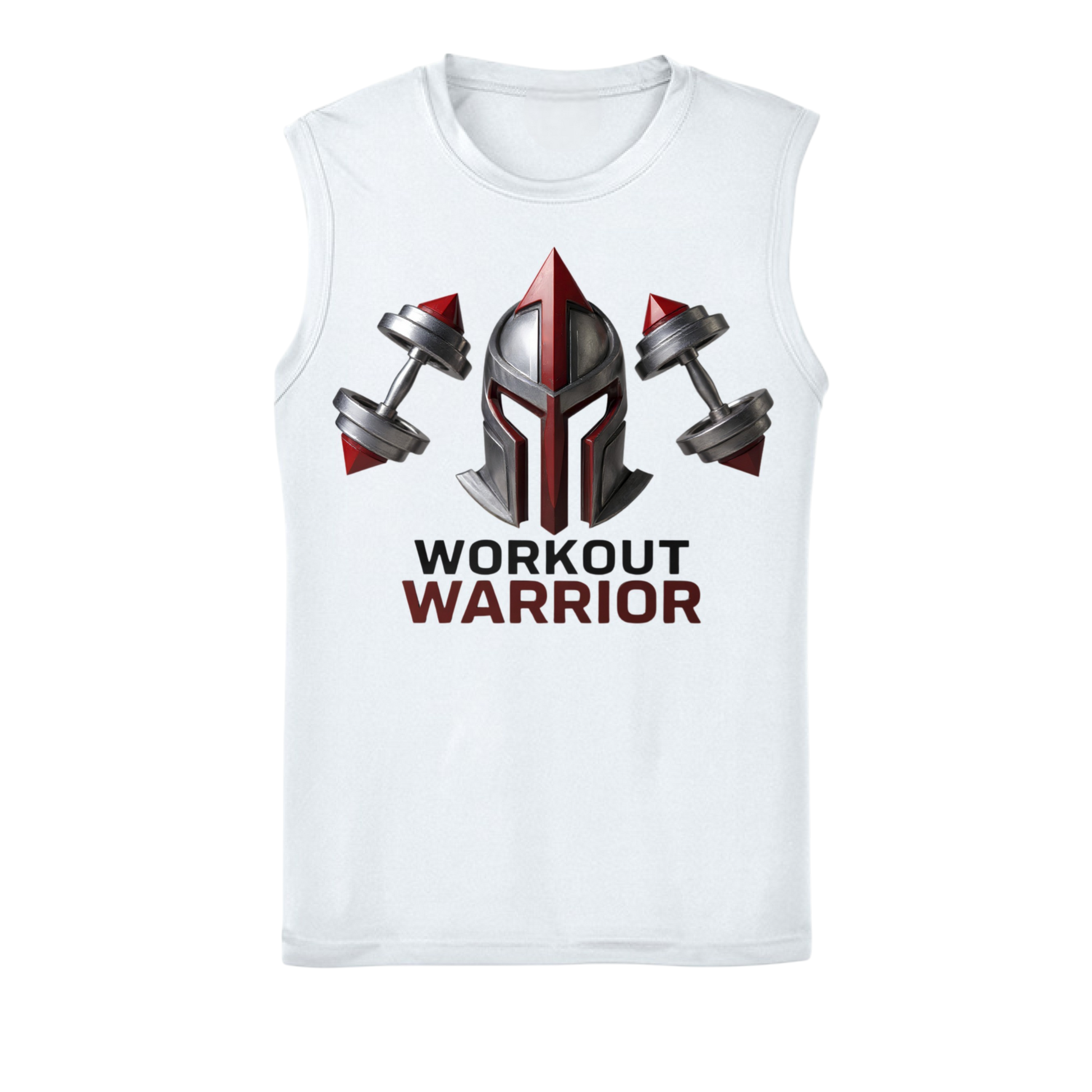 White sleeveless shirt with 'Workout Warrior' design featuring a helmet and dumbbells on a white background.