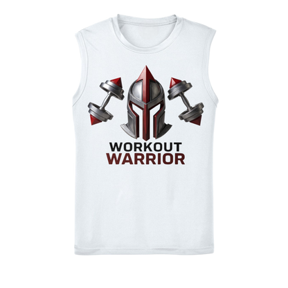 White sleeveless shirt with 'Workout Warrior' design featuring a helmet and dumbbells on a white background.