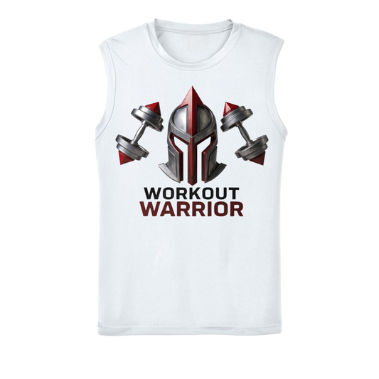 White sleeveless shirt with 'Workout Warrior' design featuring a helmet and dumbbells on a white background.