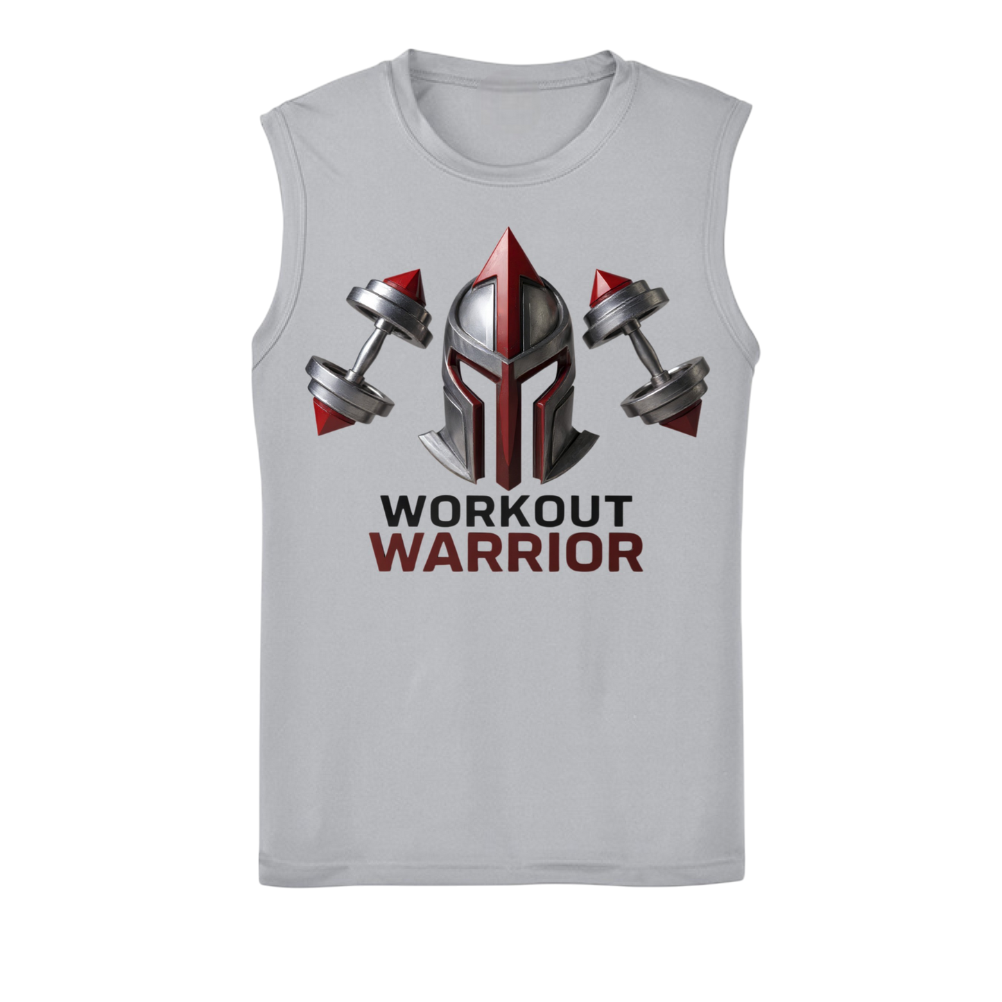 Gray sleeveless shirt with 'Workout Warrior' design featuring a helmet and dumbbells on a white background.
