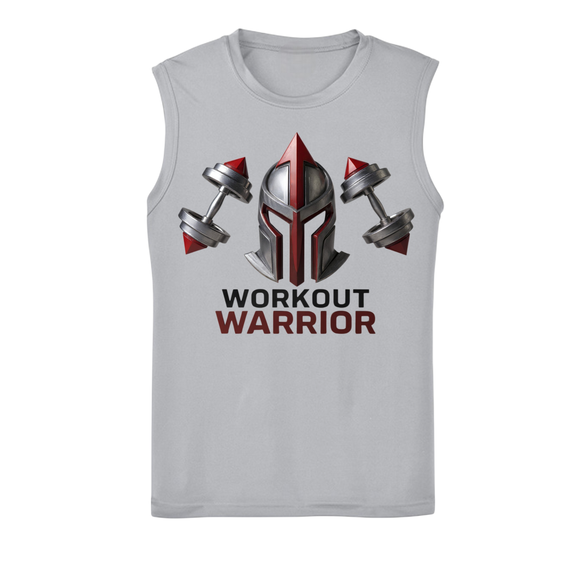 Gray sleeveless shirt with 'Workout Warrior' design featuring a helmet and dumbbells on a white background.