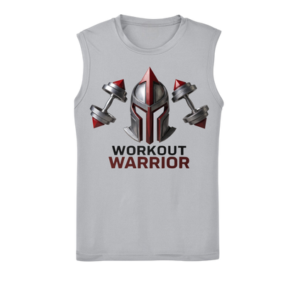 Gray sleeveless shirt with 'Workout Warrior' design featuring a helmet and dumbbells on a white background.