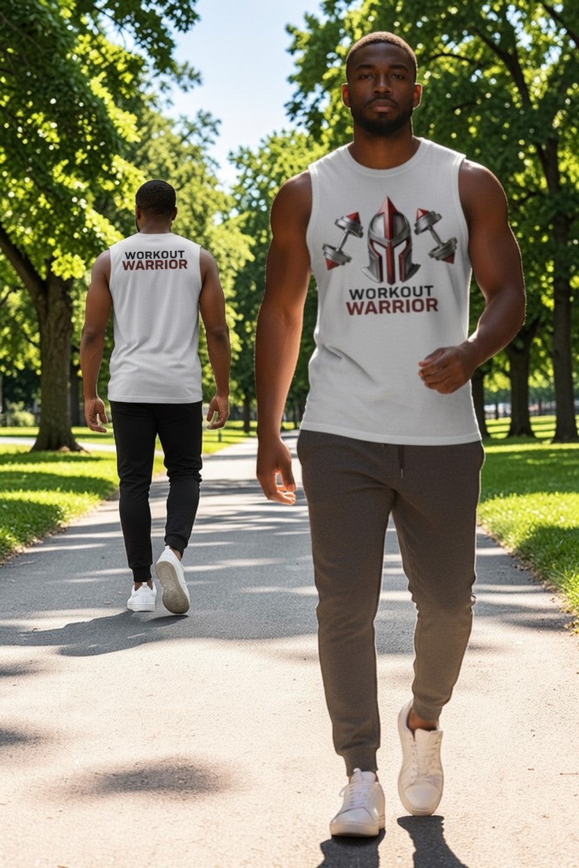 Two men walking outdoors wearing 'Workout Warrior' tank tops.