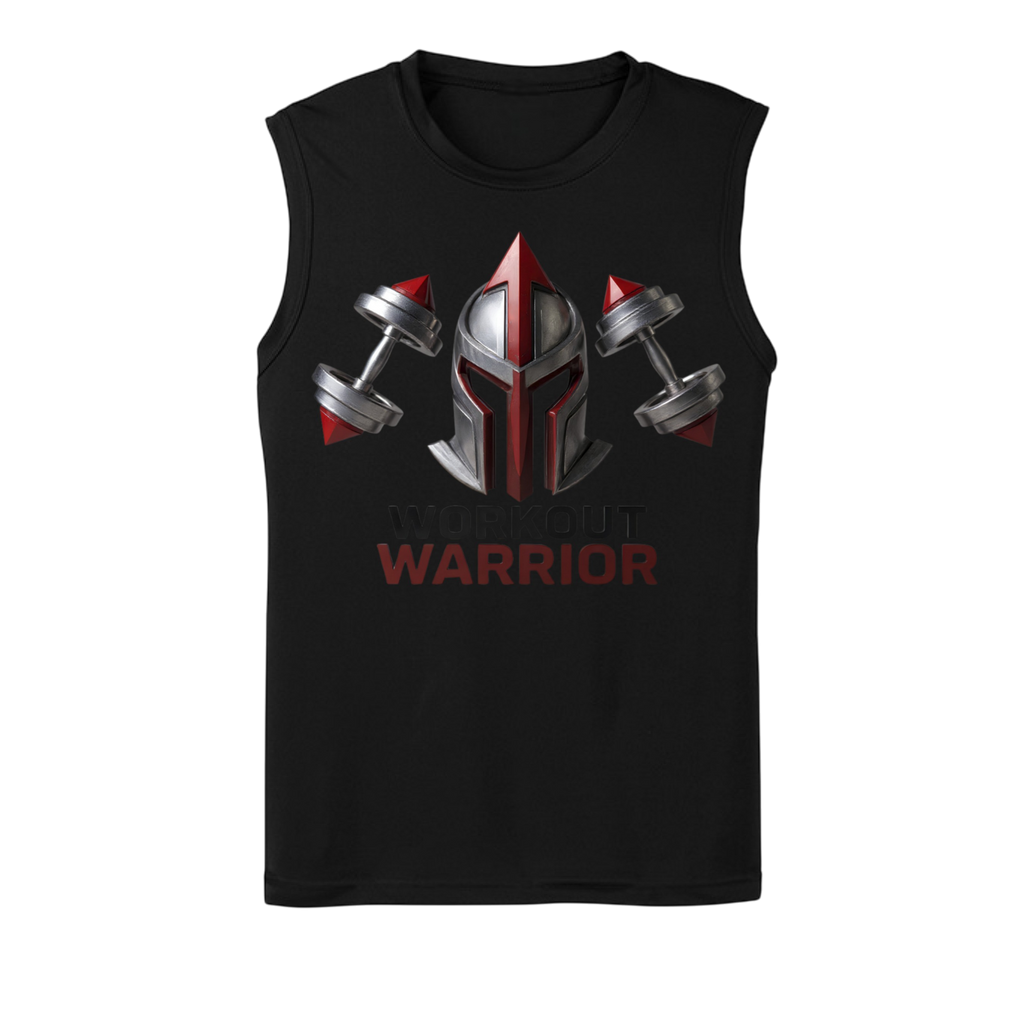 Black sleeveless shirt with Spartan helmet and dumbbells design on a white background