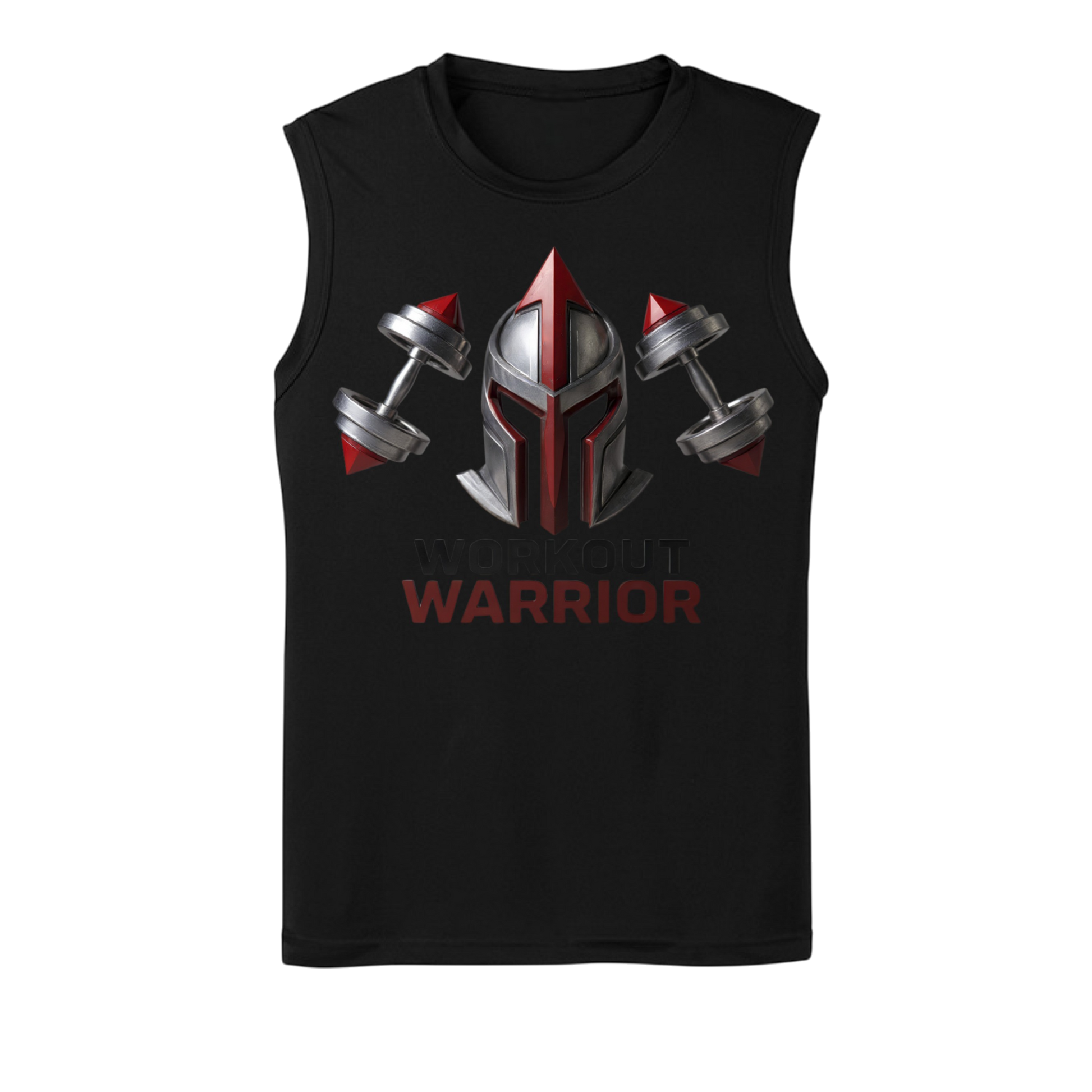 Black sleeveless shirt with Spartan helmet and dumbbells design on a white background