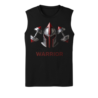 Black sleeveless shirt with Spartan helmet and dumbbells design on a white background