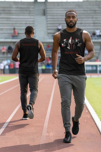 Two athletes running on a track wearing black tank tops with logos.
