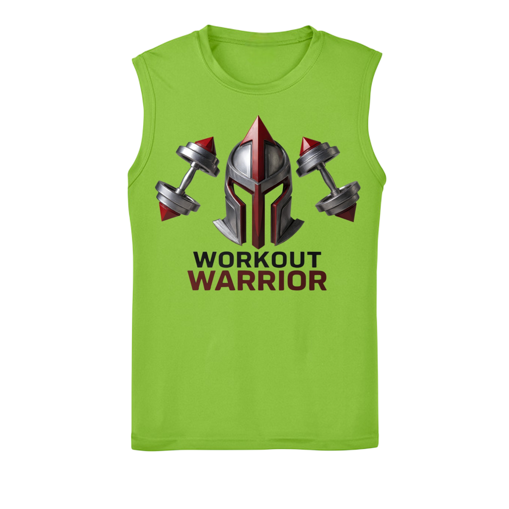 Lime Green sleeveless shirt with Spartan helmet and dumbbells design on a white background