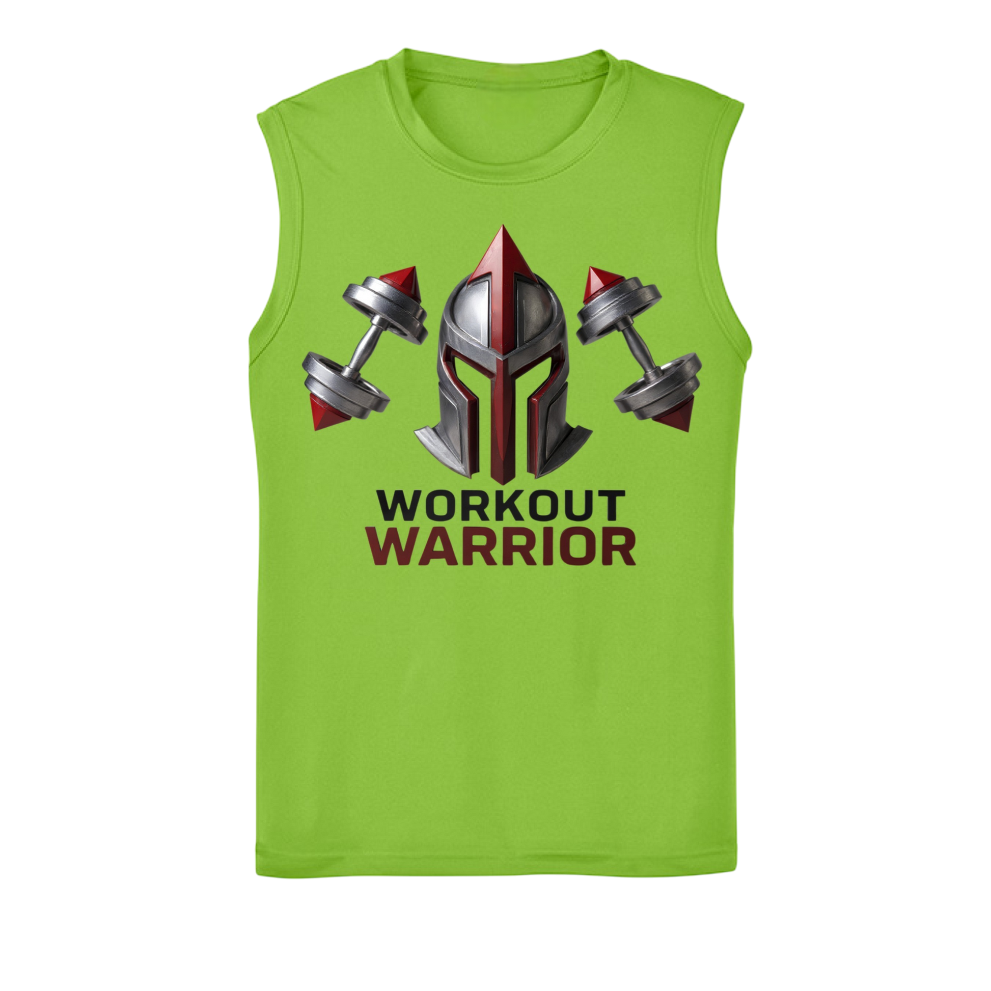 Lime Green sleeveless shirt with Spartan helmet and dumbbells design on a white background