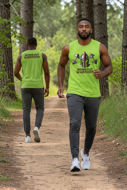 Two men running on a path in a forest, wearing bright green 'Workout Warrior' sleeveless shirts.