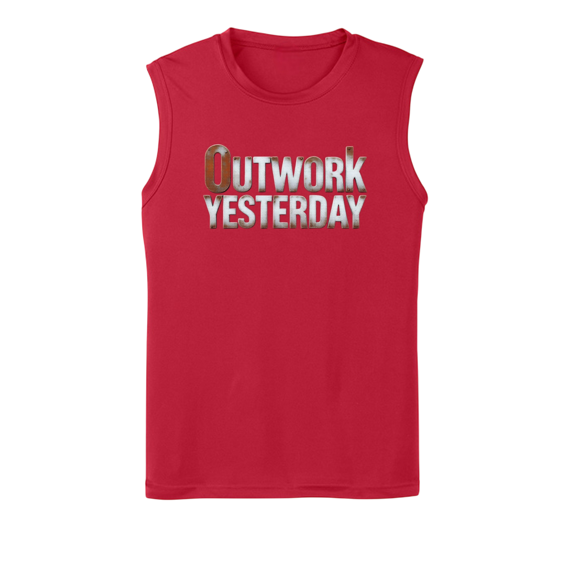 Red sleeveless shirt with 'Outwork Yesterday' text on a white background