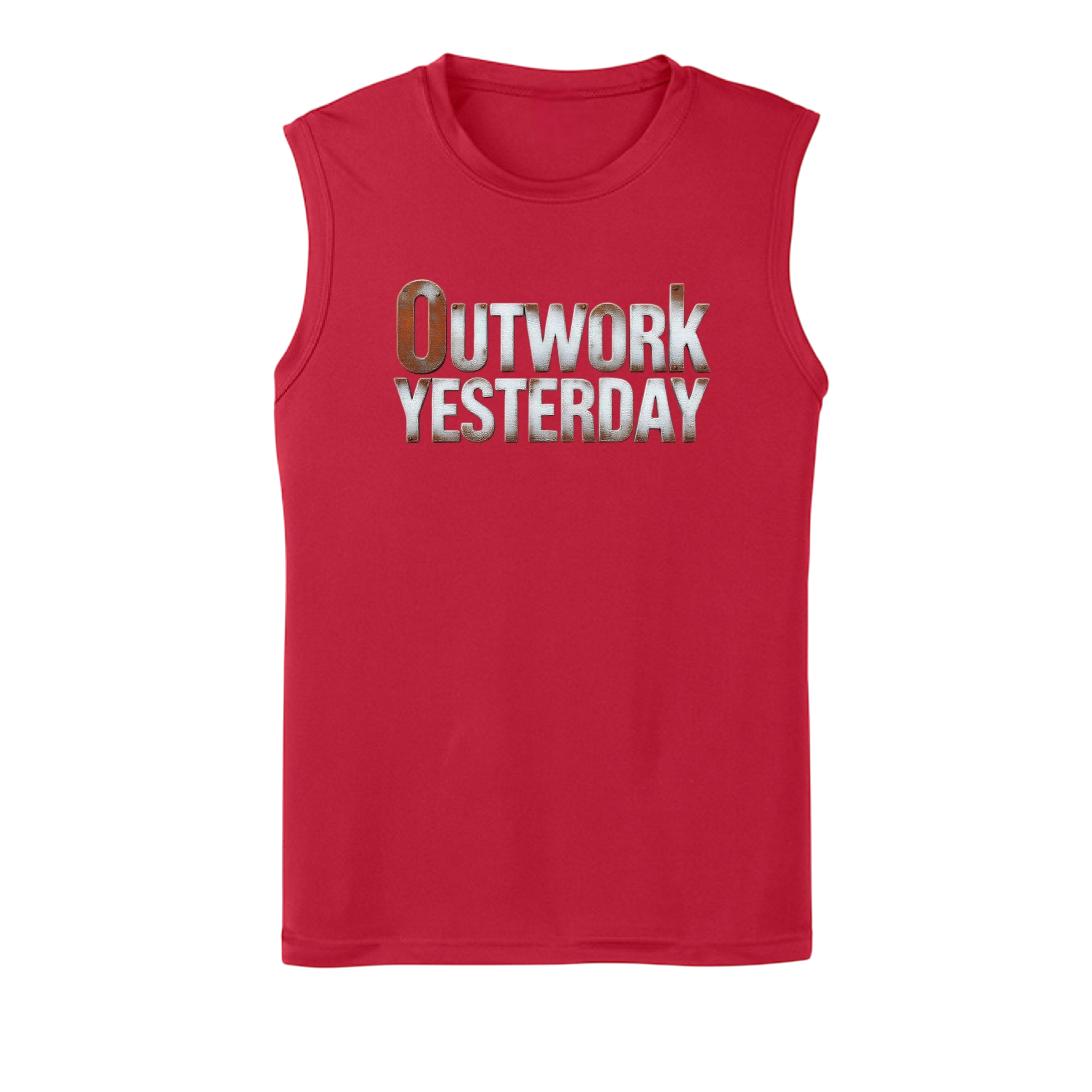 Red sleeveless shirt with 'Outwork Yesterday' text on a white background