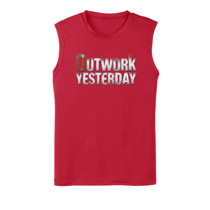 Red sleeveless shirt with 'Outwork Yesterday' text on a white background