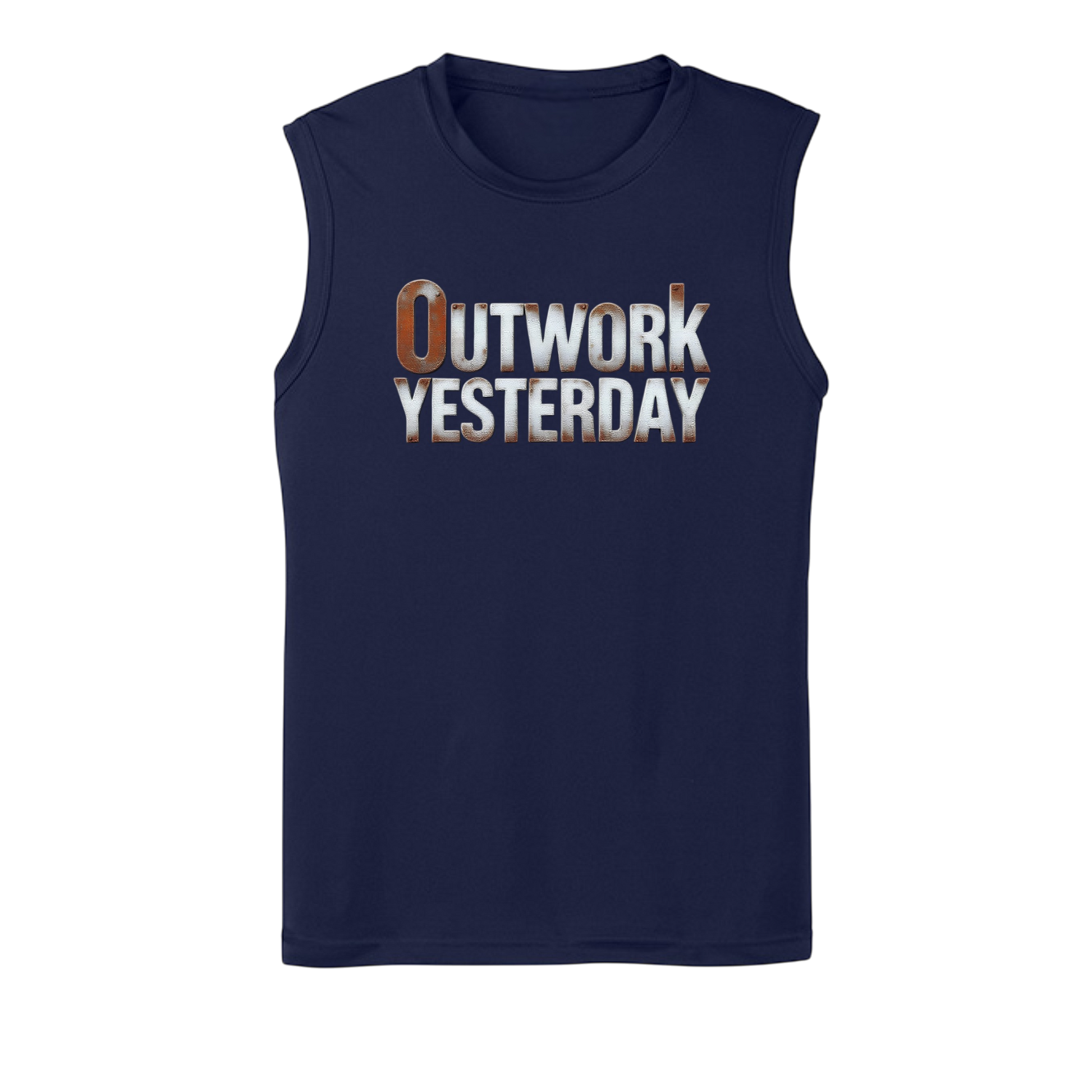 Navy sleeveless shirt with 'Outwork Yesterday' text on a white background