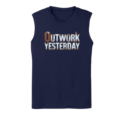 Navy sleeveless shirt with 'Outwork Yesterday' text on a white background