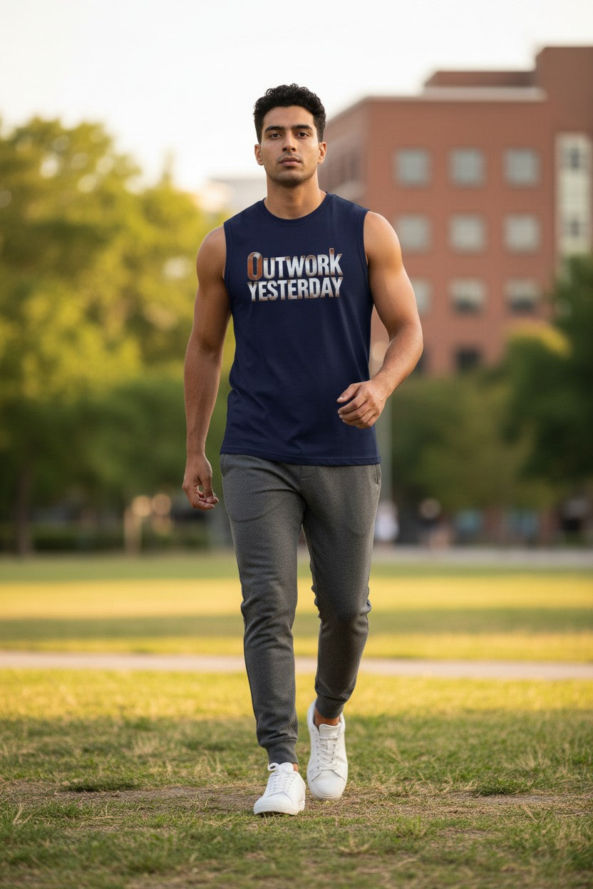 Man walking outdoors wearing a navy sleeveless shirt with text and gray pants.