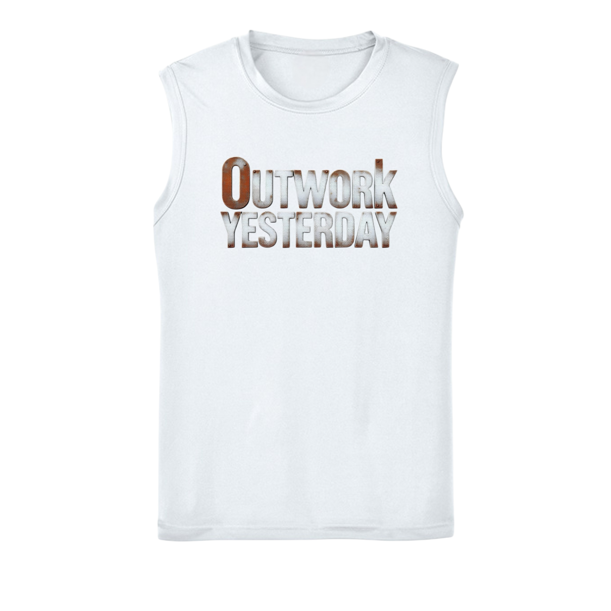 White sleeveless shirt with 'Outwork Yesterday' text on a white background