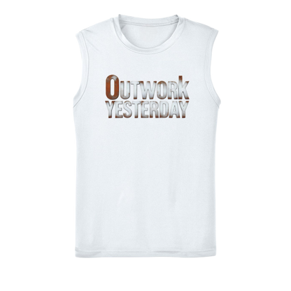White sleeveless shirt with 'Outwork Yesterday' text on a white background