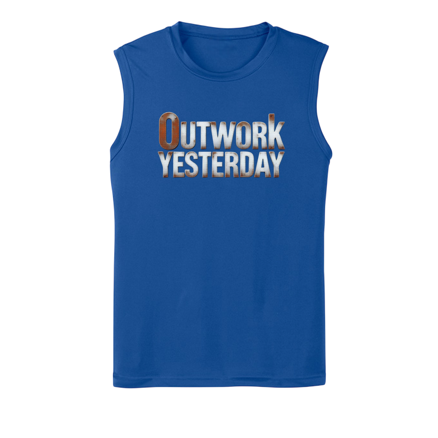 Blue sleeveless shirt with 'Outwork Yesterday' text on a white background