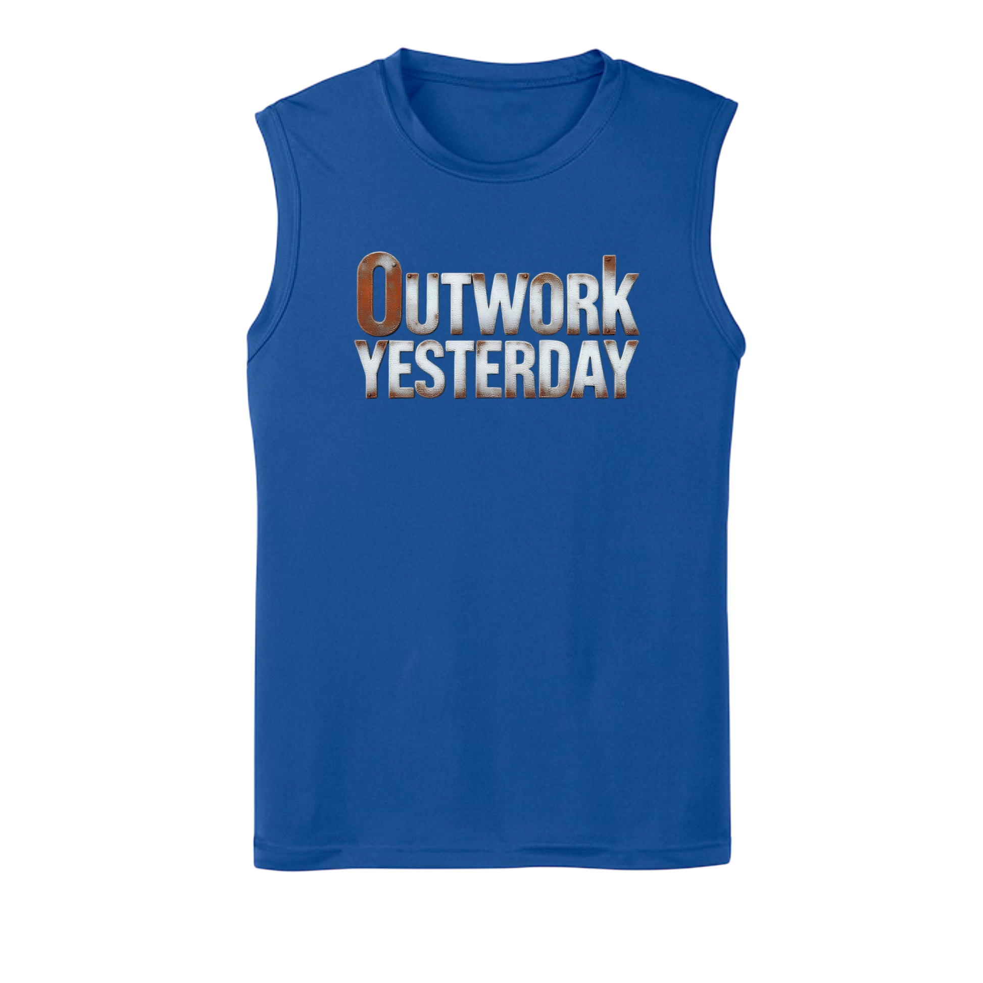Blue sleeveless shirt with 'Outwork Yesterday' text on a white background