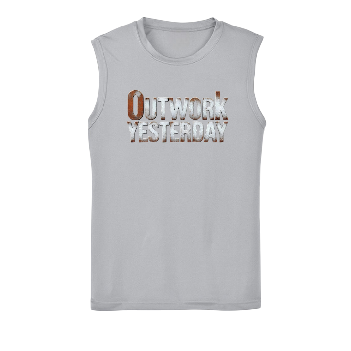 Gray sleeveless shirt with 'Outwork Yesterday' text on a white background