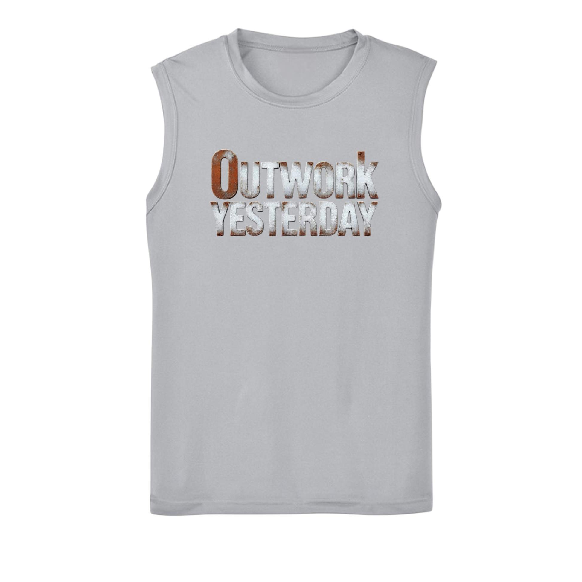 Gray sleeveless shirt with 'Outwork Yesterday' text on a white background