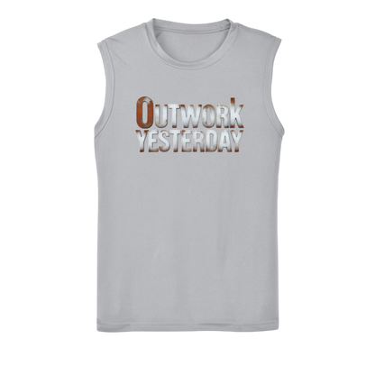 Gray sleeveless shirt with 'Outwork Yesterday' text on a white background