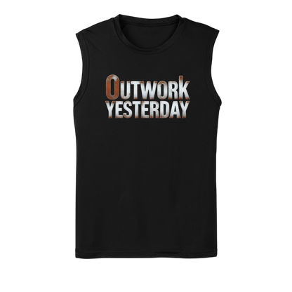 Black sleeveless shirt with 'Outwork Yesterday' text on a white background