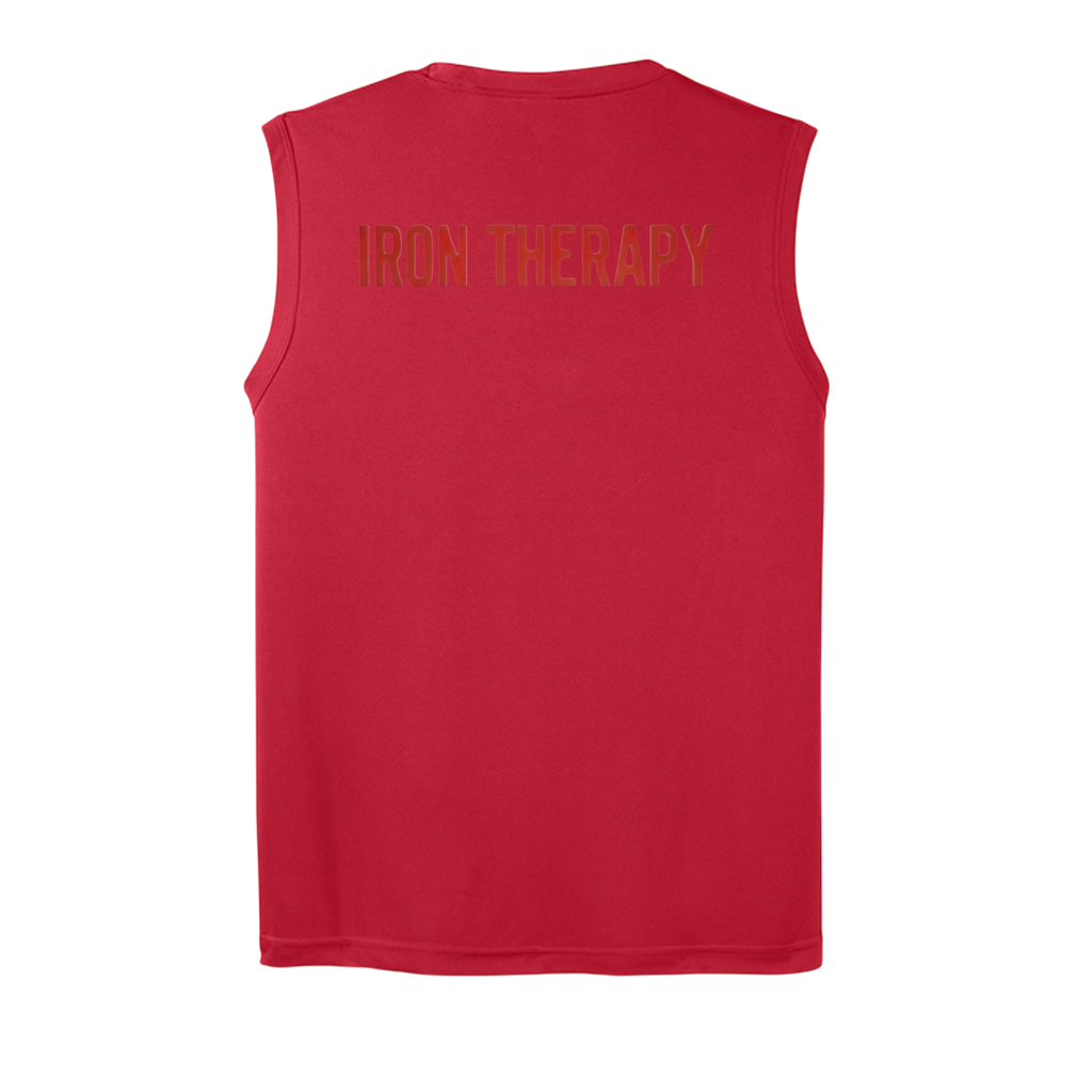 Red sleeveless shirt with 'IRON THERAPY' text on the back against a white background