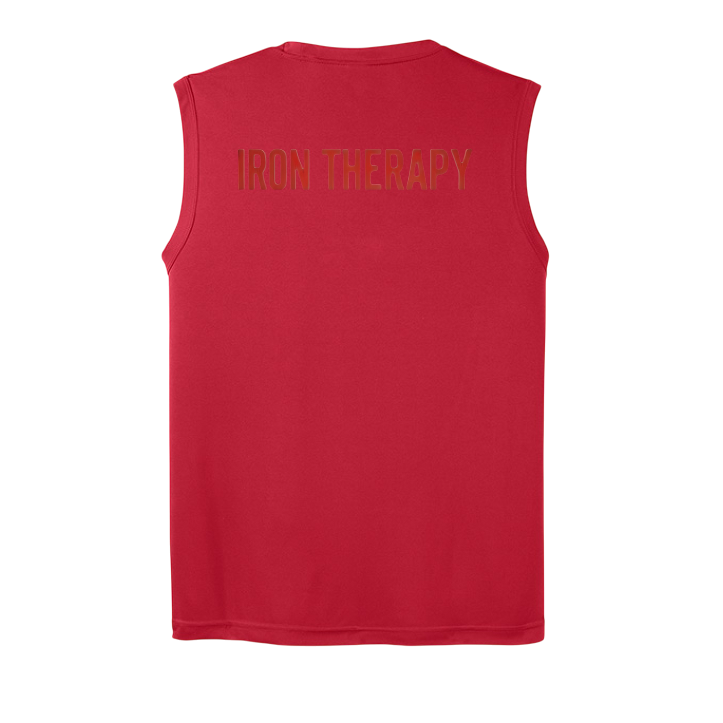 Red sleeveless shirt with 'IRON THERAPY' text on the back against a white background