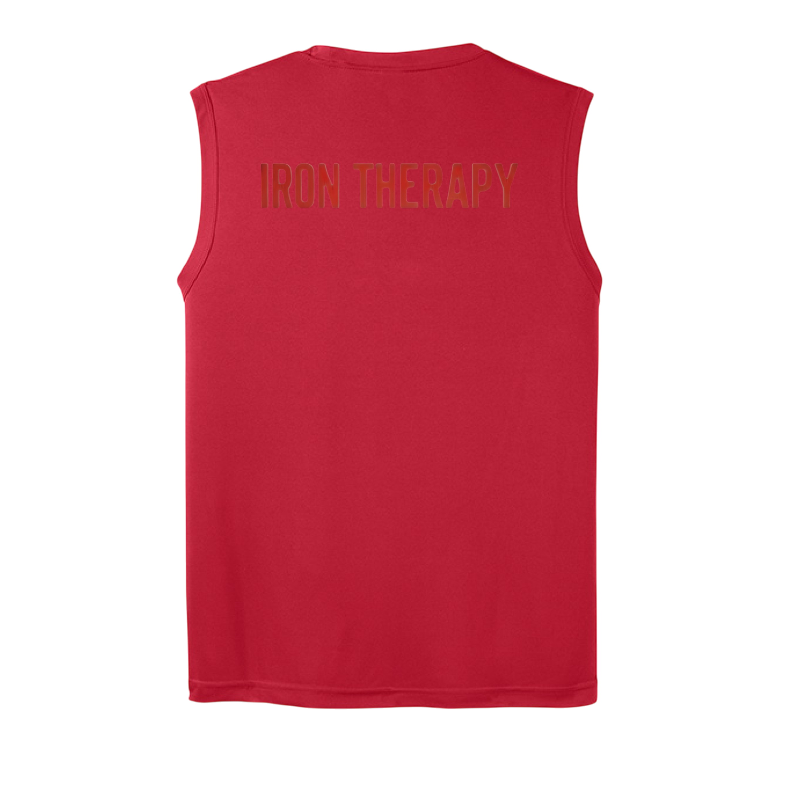 Red sleeveless shirt with 'IRON THERAPY' text on the back against a white background