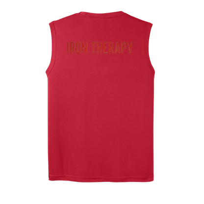 Red sleeveless shirt with 'IRON THERAPY' text on the back against a white background