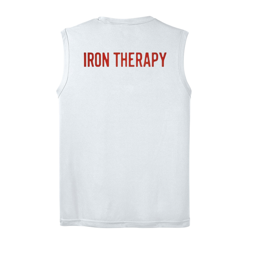 White sleeveless shirt with 'IRON THERAPY' text on the back against a white background